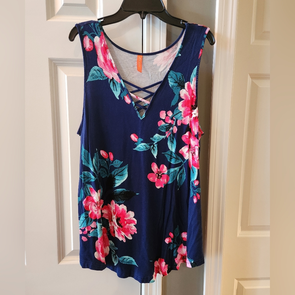 Feiersi Floral Crisscross V-Neck Tank Top - Navy with Pink Floral- Size XL